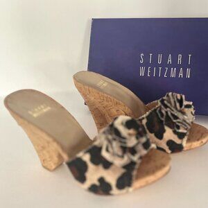 Stuart Weitzman "Foilage" denim Leopard print cork wedge heel